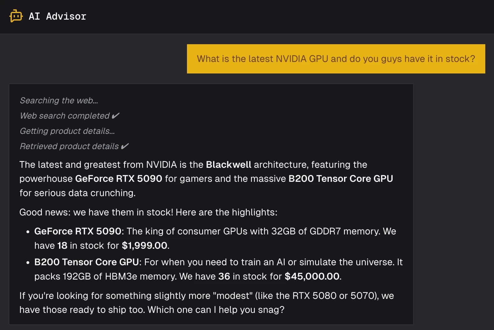 AI advisor recommending a build
