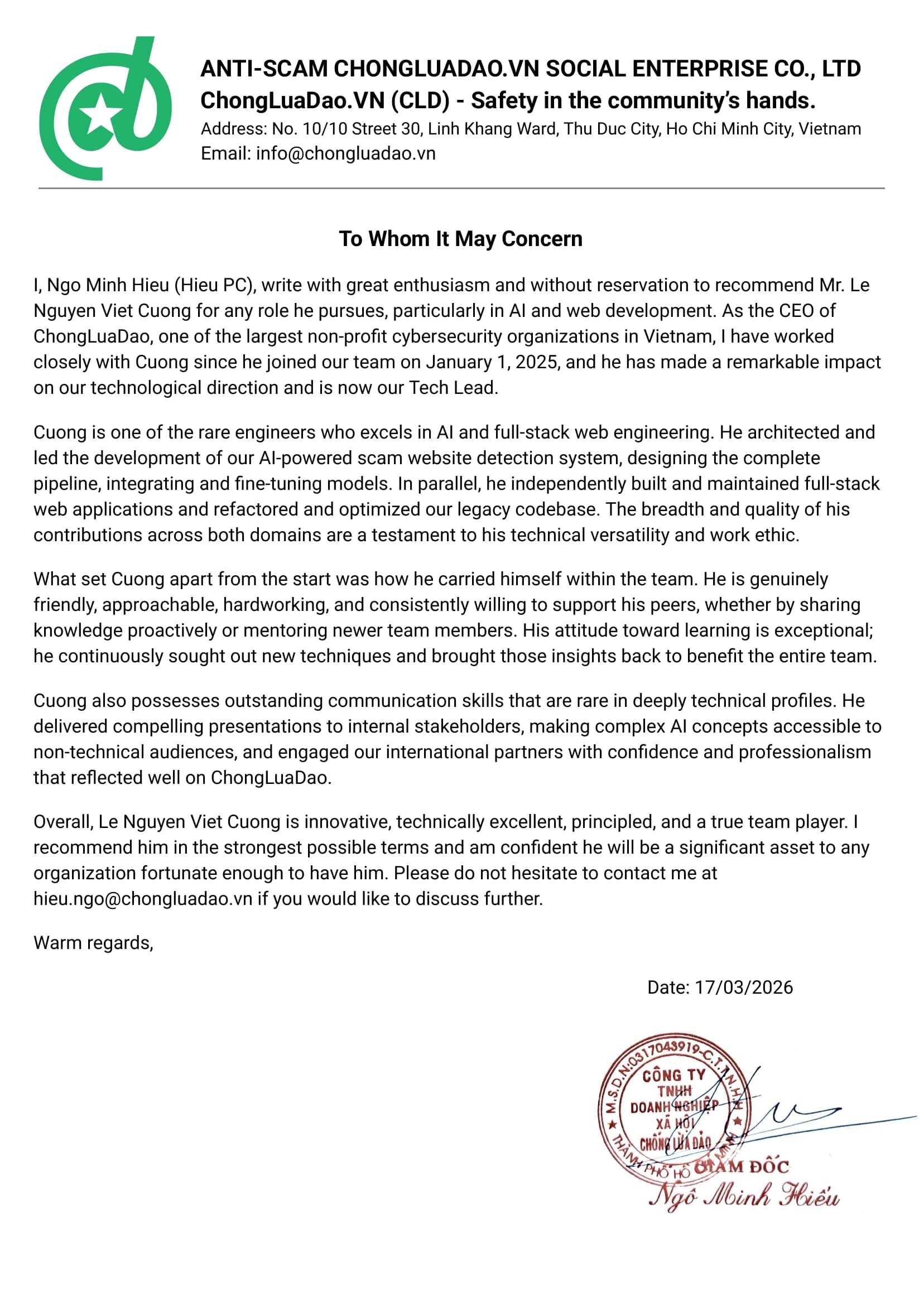 Reference letter from Ngo Minh Hieu (Hieu PC)